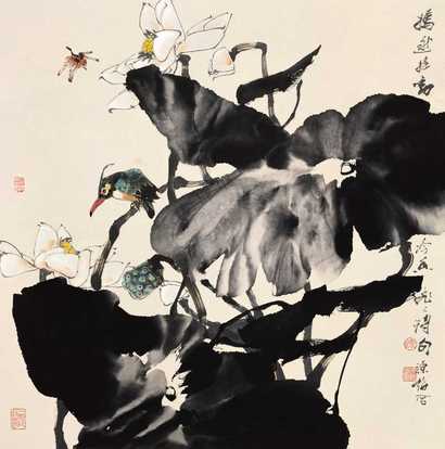 徐源绍 2005年作 荷花翠鸟 镜心